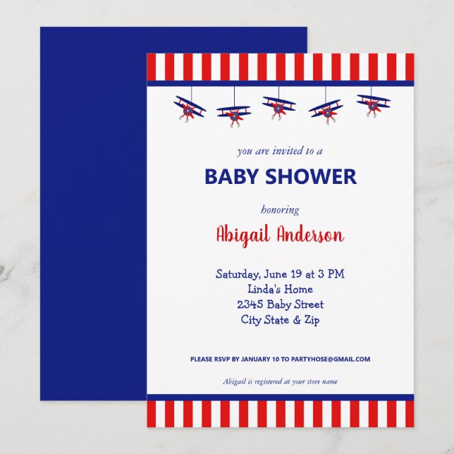 Blue and Red Aeroplane Striped Baby Shower Invitation (Front/Back)