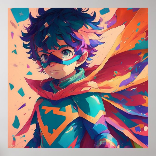 Blue and Red Anime Superhero Boy  Poster (Front)