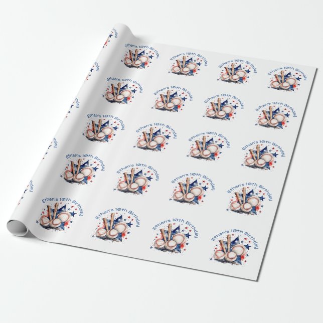 Blue and Red Baseball Bat and Ball Typography Wrapping Paper (Unrolled)