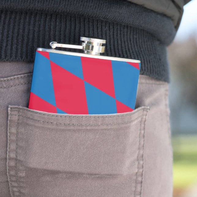 Blue and Red Bavaria Diamond Flag Pattern Hip Flask (In Situ)