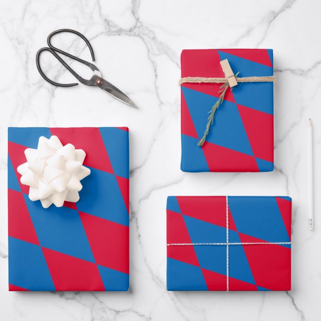 Blue and Red Bavaria Diamond Flag Pattern Wrapping Paper Sheet (Front)