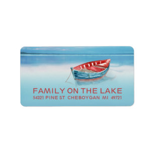 Blue and Red Boat on Lake Label
