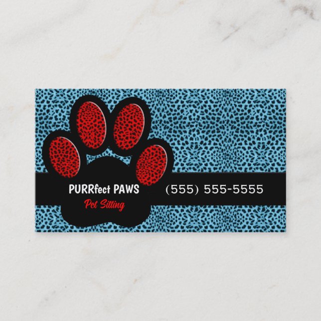 Blue and Red Cheetah Print Custom Paw Pet Sitter Business Card (Front)
