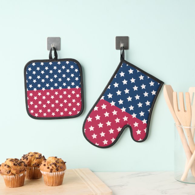 Blue And Red Colour Block With White Stars Oven Mitt & Pot Holder Set (Insitu(Hanging))