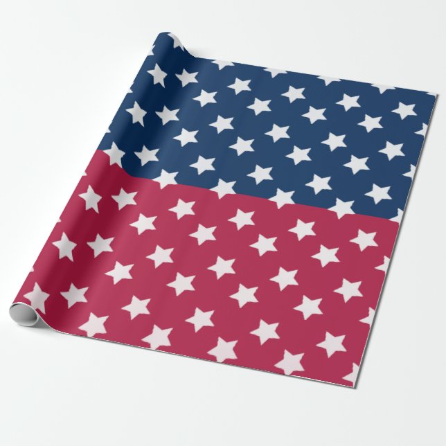 Blue And Red Colour Block With White Stars Wrapping Paper (Unrolled)