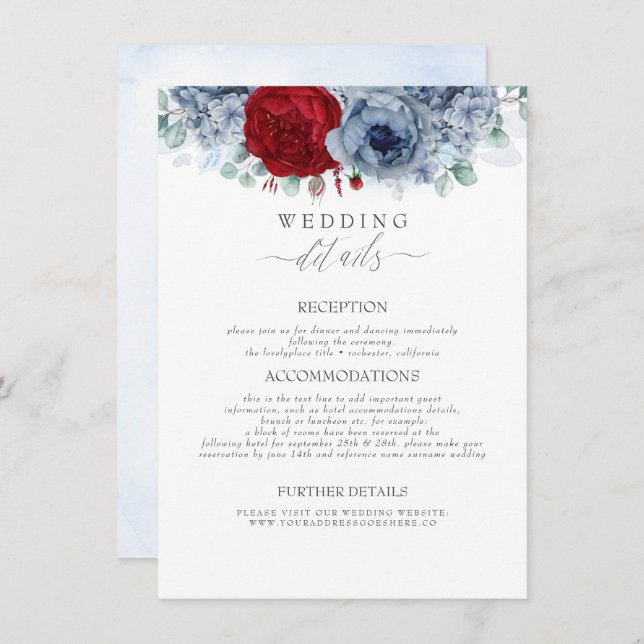 Blue and Red Coloured Flowers Wedding Information Enclosure Card (Front/Back)