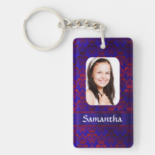 Blue and red damask photo template key ring