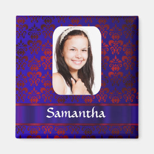 Blue and red damask photo template magnet