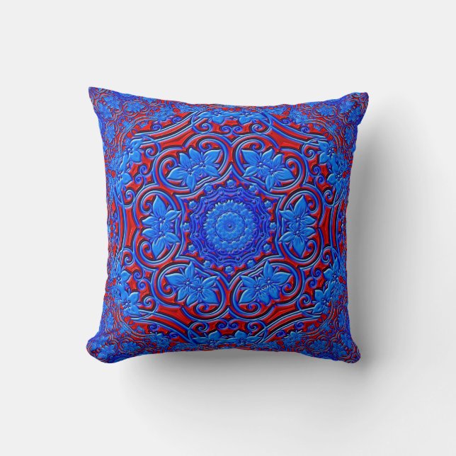 Blue and red damasks abstract fractal design cushion (Front)