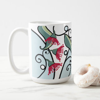 Blue and red eucalyptus leaves and blossom pattern coffee mug