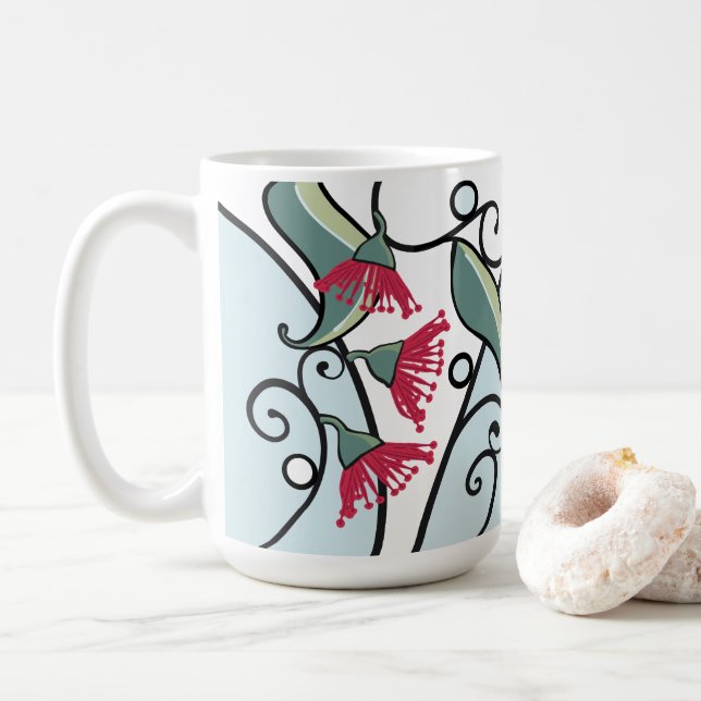 Blue and red eucalyptus leaves and blossom pattern coffee mug (With Donut)