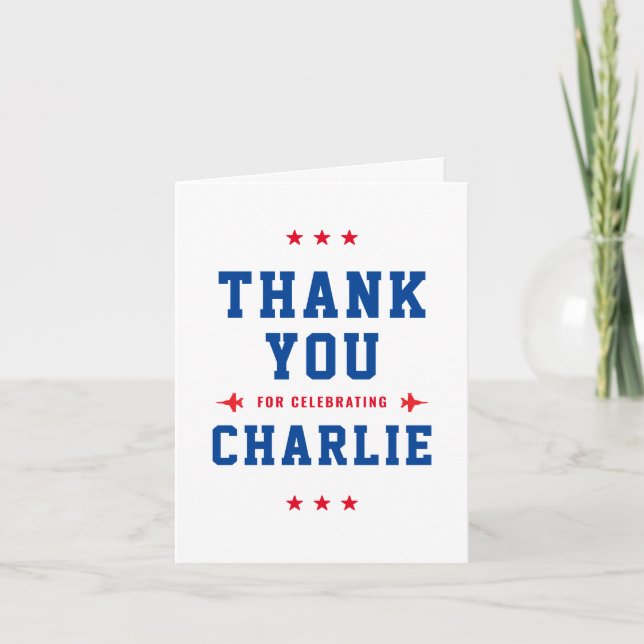 Blue and Red Fighter Pilot TopOne Birthday Thank You Card (Front)