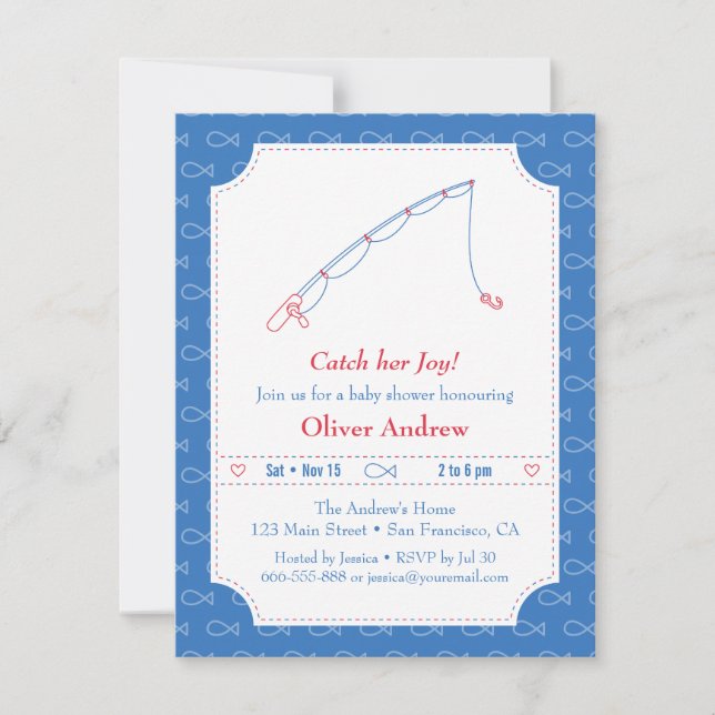 Blue and Red Fishing Baby Shower Invitations (Front)