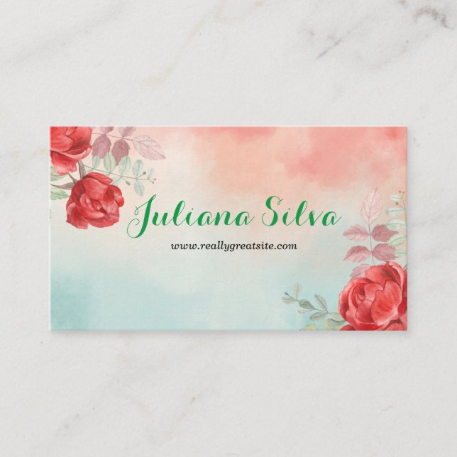 Blue and Red Floral Company Business Card (Front)