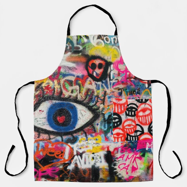 Blue and red floral textile apron (Front)