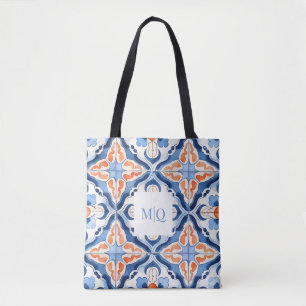 Blue And Red Floral Tile Tote Bag