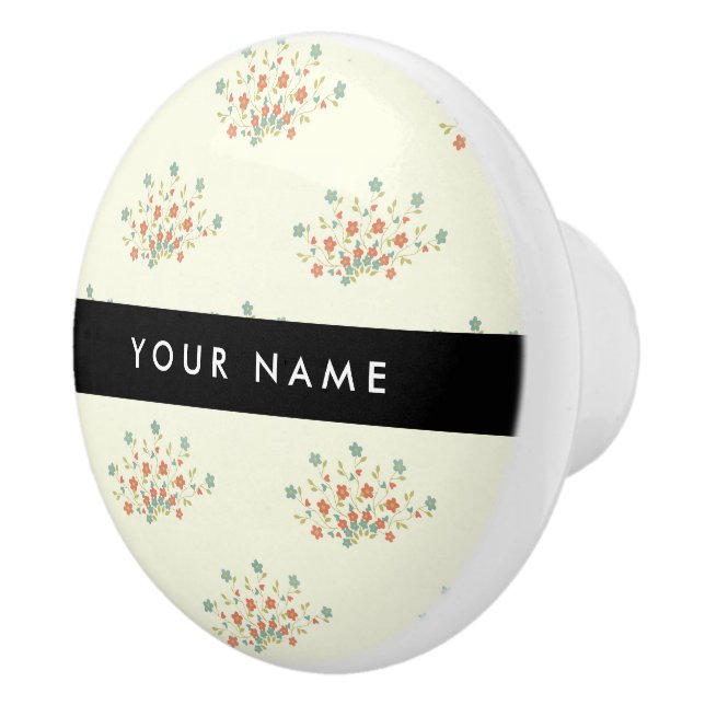 Blue and Red Flowers, Black, Your Name Ceramic Knob (Right)