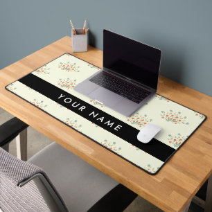 Blue and Red Flowers, Black, Your Name Desk Mat