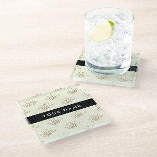 Blue and Red Flowers, Black, Your Name Glass Coaster