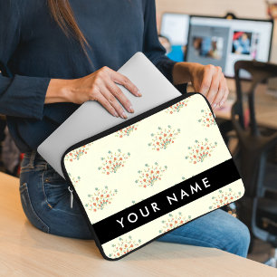 Blue and Red Flowers, Black, Your Name Laptop Sleeve