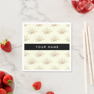 Blue and Red Flowers, Black, Your Name Napkin