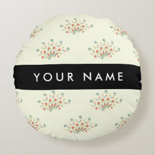 Blue and Red Flowers, Black, Your Name Round Cushion