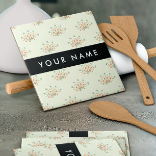 Blue and Red Flowers, Black, Your Name Tile