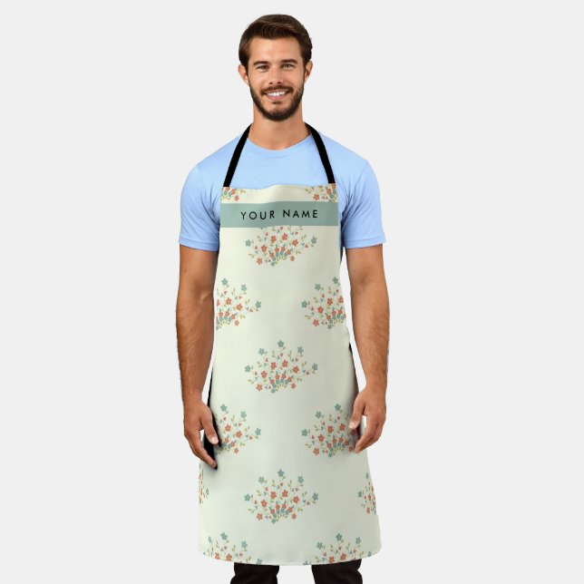 Blue and Red Flowers, Blue, Your Name Apron (Worn)