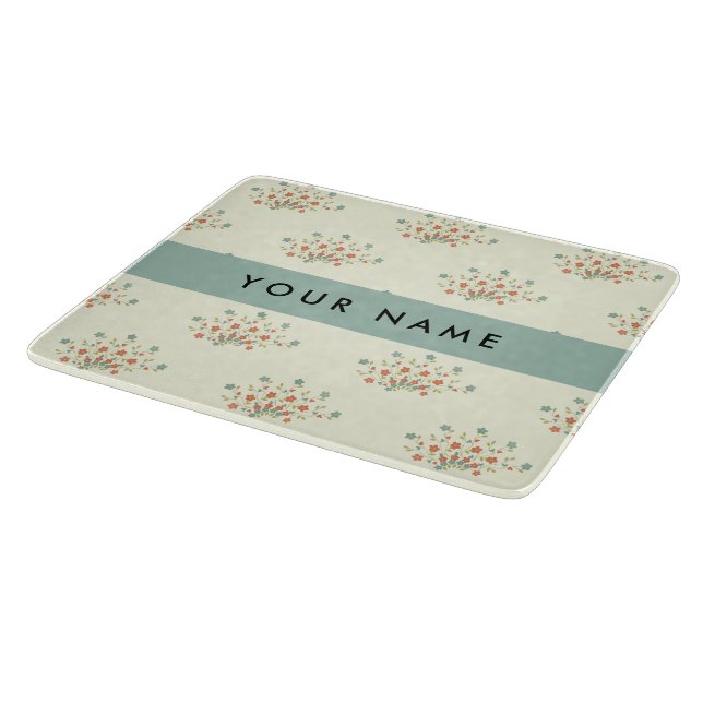 Blue and Red Flowers, Blue, Your Name Cutting Board (Corner)