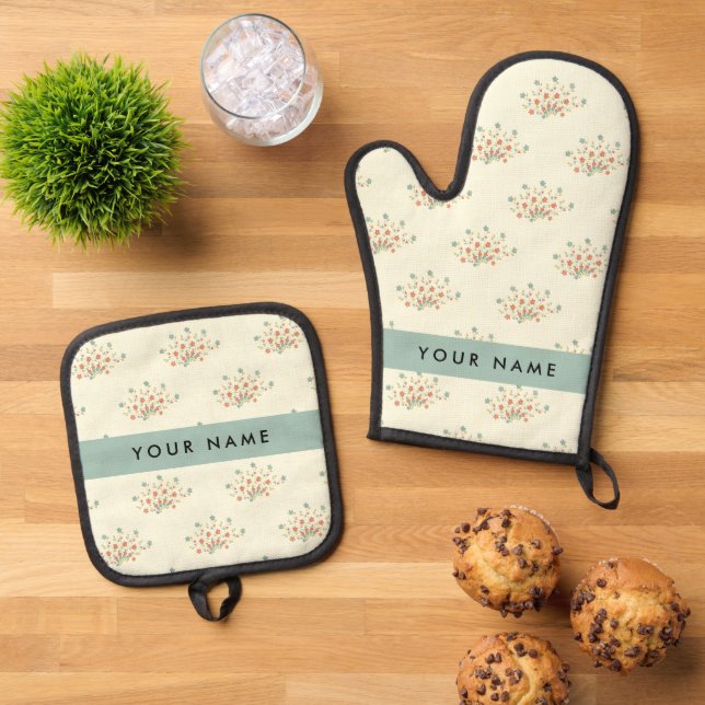 Blue and Red Flowers, Blue, Your Name Oven Mitt & Pot Holder Set (Top Down)