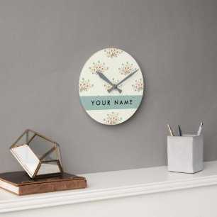 Blue and Red Flowers, Blue, Your Name Round Clock