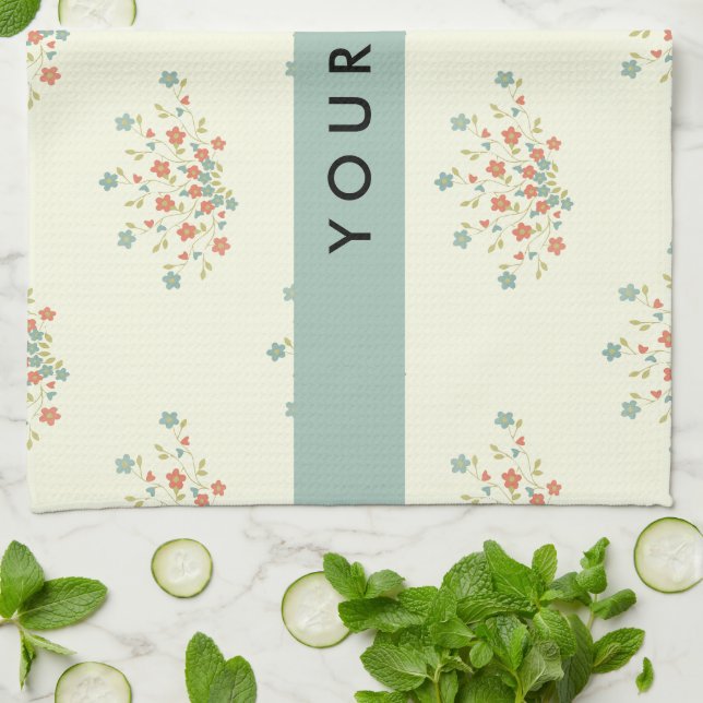 Blue and Red Flowers, Blue, Your Name Tea Towel (Folded)