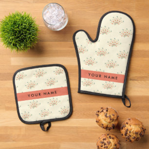 Blue and Red Flowers, Red, Your Name Oven Mitt & Pot Holder Set