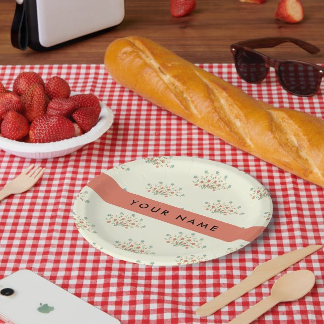 Blue and Red Flowers, Red, Your Name Paper Plate (Picnic)