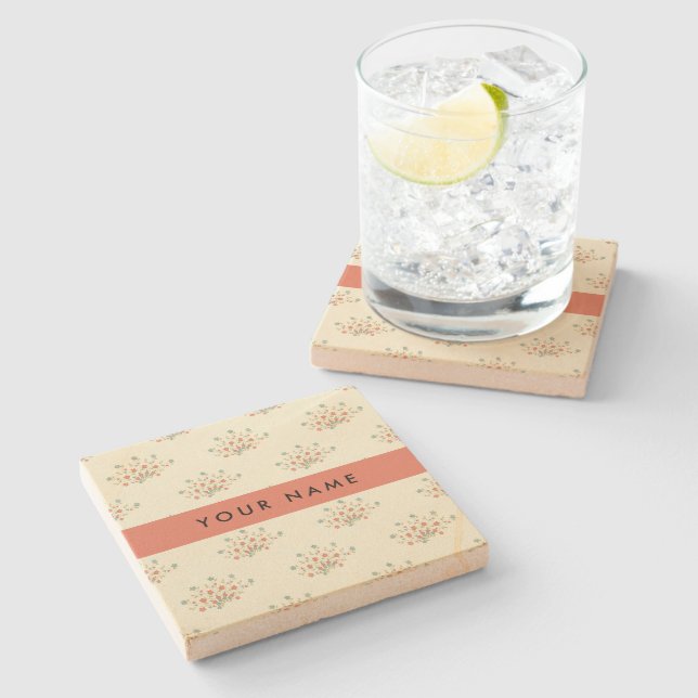 Blue and Red Flowers, Red, Your Name Stone Coaster (Side)