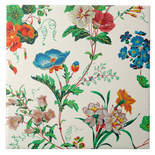 Blue and red flowers vintage painting Pattern  Tile (Front)