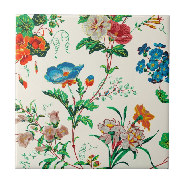 Blue and red flowers vintage painting Pattern  Tile (Front)