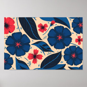 Blue and Red Flowers, with Dark Blue Leaves Poster