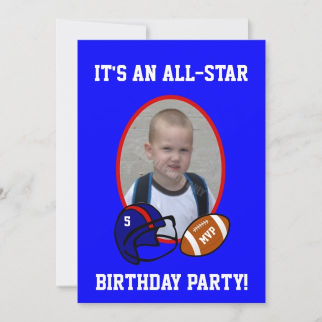 Blue and Red Football and Football Helmet Birthday Invitation (Front)