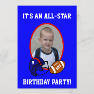 Blue and Red Football and Football Helmet Birthday Invitation