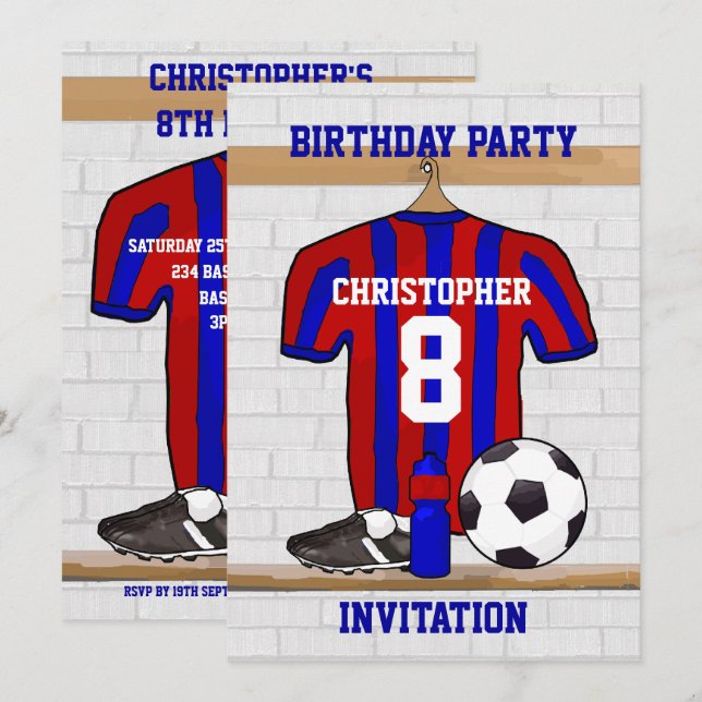 Blue and Red Football Soccer Jersey Birthday Party Invitation (Front/Back)