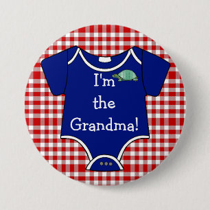 Blue and Red Gingham Turtle I'm The Grandma! 7.5 Cm Round Badge
