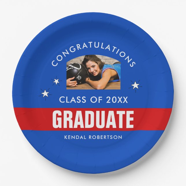 Blue and Red Graduation Photo Custom Paper Plate (Front)