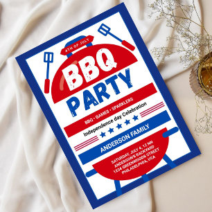 Blue And Red Illustrated 4th of July BBQ Party  Invitation