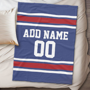 Blue and Red Jersey Stripes Custom Name Number Fleece Blanket