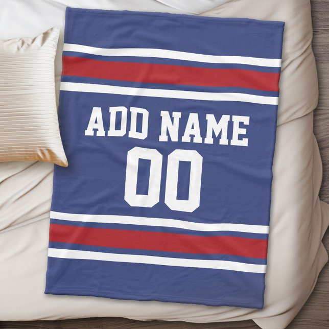 Blue and Red Jersey Stripes Custom Name Number Fleece Blanket (Personalized fleece blanket - Sports Theme)