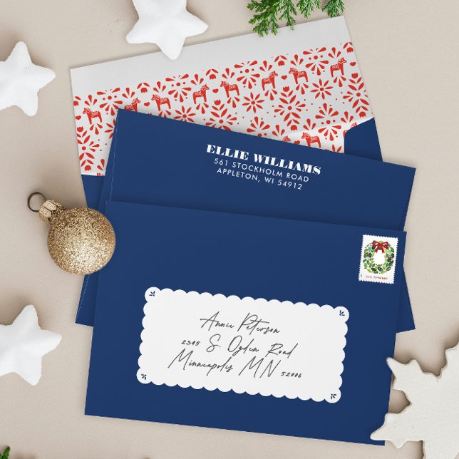 Blue and Red Joy Swedish Dala Horse Holiday Envelope (blue Swedish Dala horse envelope with printed return address on flap and red folk art pattern liner)