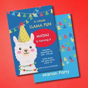 Blue and red llama with party hat Invitation