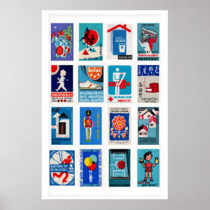Blue and Red Matchbox Label Collage, vintage Poster