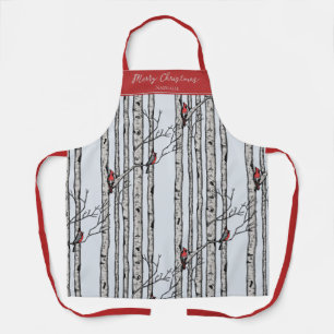 Blue and Red Merry Christmas Cardinal Bird Birch  Apron